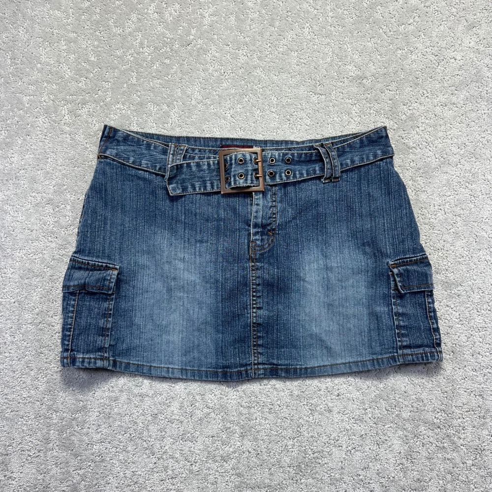 Y2k  Mini Skirt Womens 34 Blue Denim Stretch Cargo Low Rise Belted Micro Western